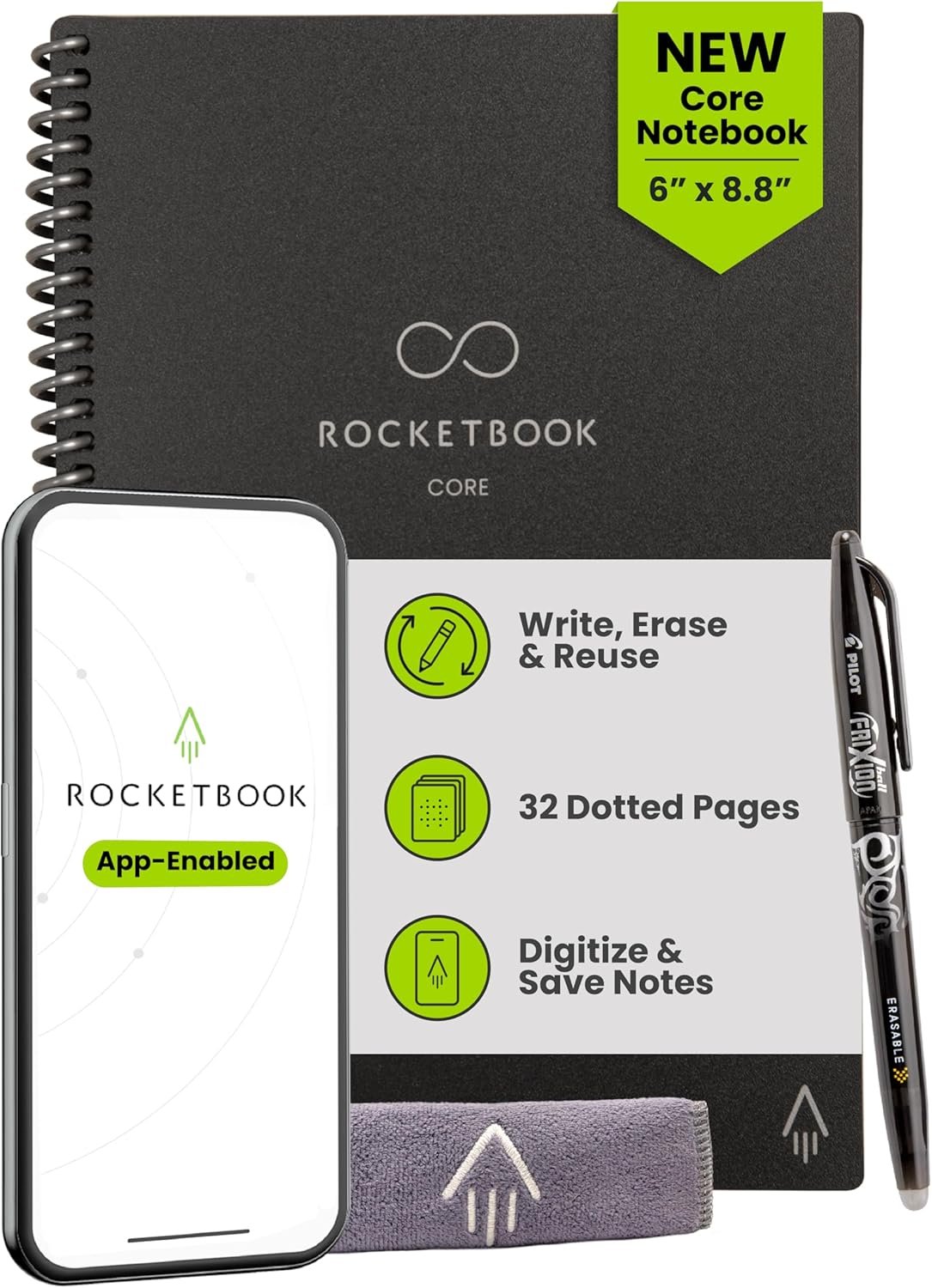 Rocketbook Core Reusable Smart Notebook, Dot Grid Pages For School, Work and Creative Projects, Executive Size 6×8.8, Black – Premium