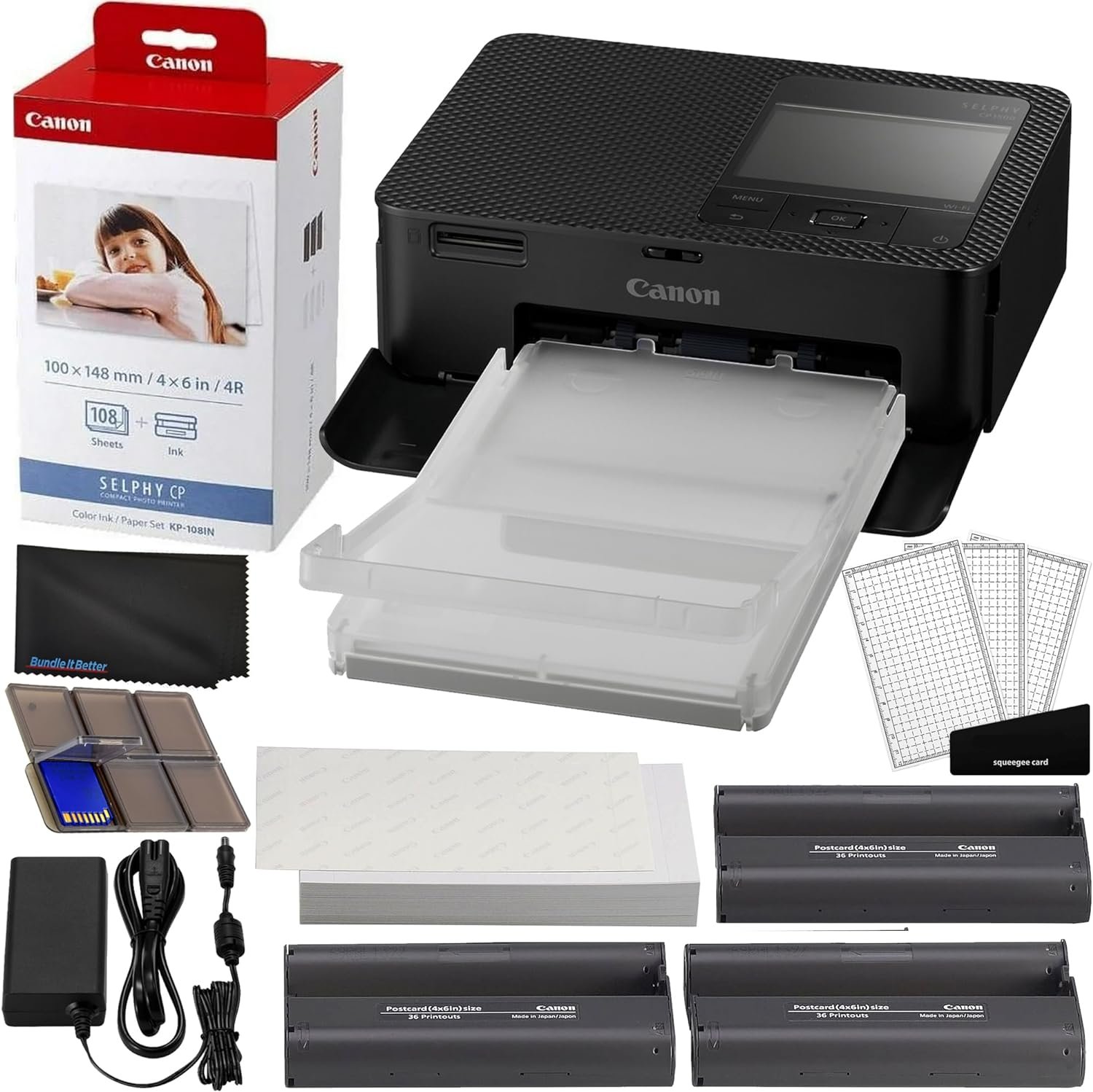 Canon Selphy CP1500 Wireless Compact Photo Printer (Black) Bundle with KP-108IN Color Ink Paper Set (108 Sheets of 4×6 Paper + 3 Ink Cartridges) + 6-Slot Memory Card Holder + More
