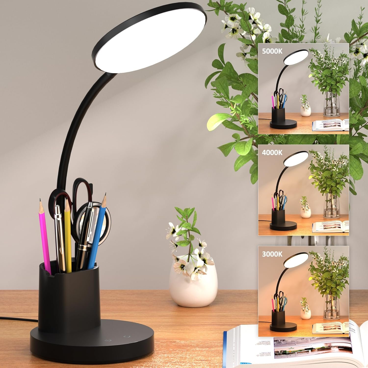 Desk Lamp, LED Desk Lamps for Home Office, Touch Table Lamp with 3 Color Modes 360° Adjustable Arm, Dimmable Desk Light with Pen Phone Holder for College Dorm, Black