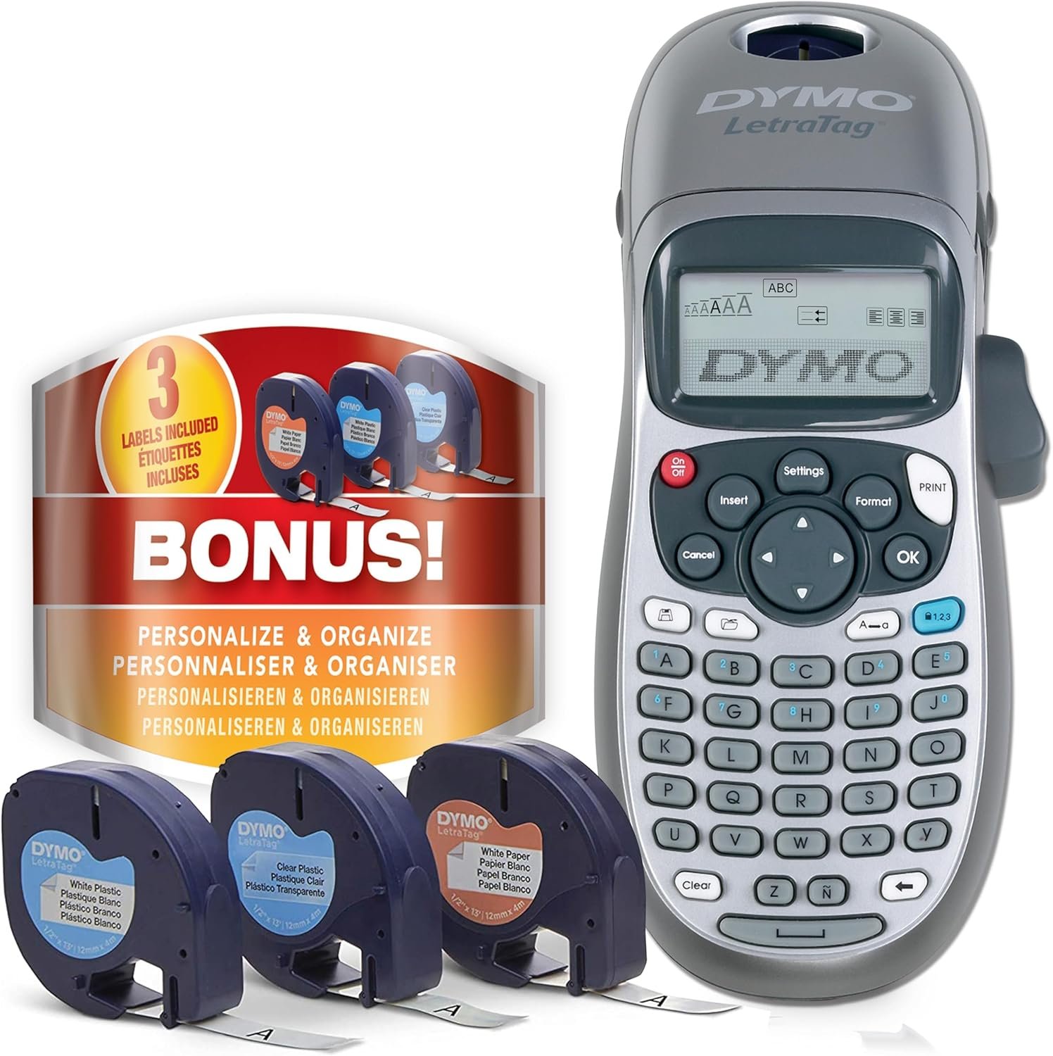 DYMO Label Maker Machine with 3 Tapes – 100H LetraTag Handheld, Includes 3 LT Label Tapes, Perfect for Home & Office Organization