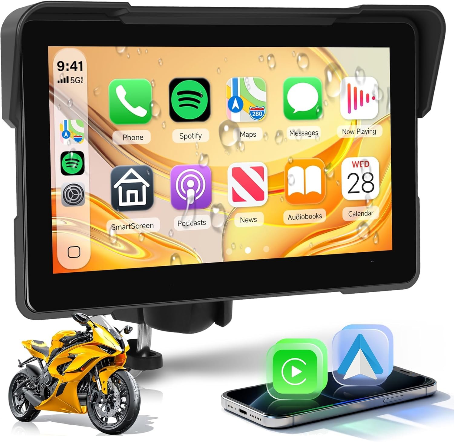 7″ Motorcycle Wireless CarPlay GPS Navigation System, Android Auto Portable CarPlay Screen for Motorcycle, Dual Bluetooth Car Play Moto, Si-ri, Goo-gle Assistant, EQ, IP67 Waterproof Moto Screen