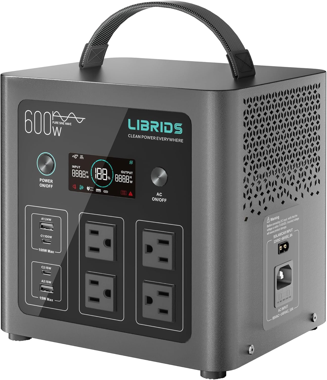 LIBRIDS Portable Power Station C600, 600W Solar Generator, 640Wh LiFePO4 Battery, 1.5H Fast Charge, 10ms UPS, 8 Ports(4 AC) for Camping, Home Backup & Outages