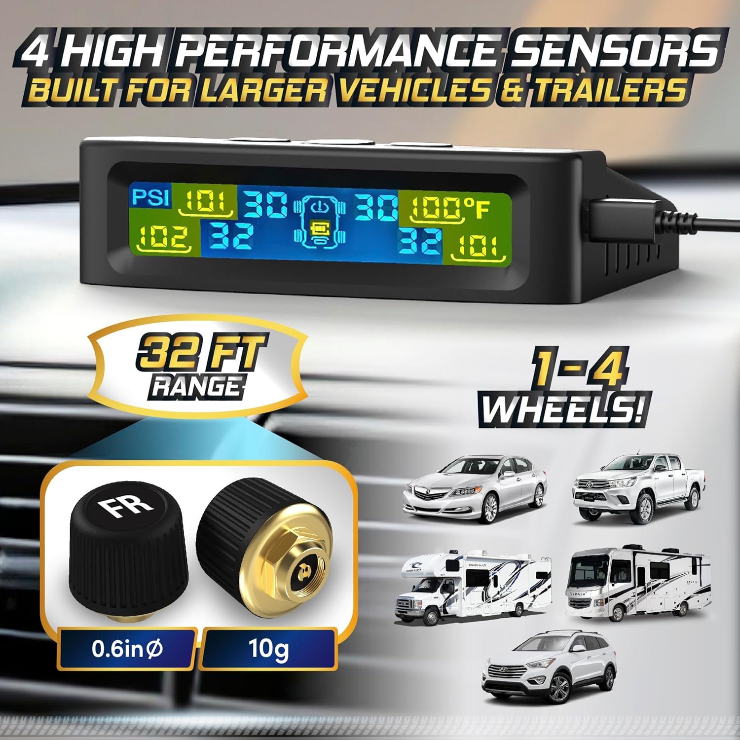 Marcala Tire Pressure Monitoring System – Set of 4 TPMS Sensors for Trailer, RV, Camper, Truck (0-98PSI) | 50ft Extended Range Air Monitor Kit | Solar Charge & 6 Alarm Modes | Be Safe & Prevent Flats