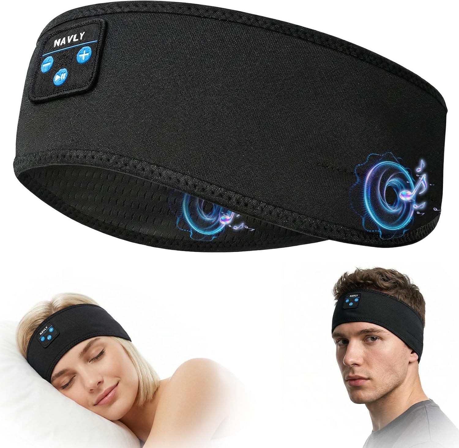 Navly Sleep Headphones for Side Sleepers, Washable Bluetooth Headband with Ultra-Thin Speakers for Reduced Pressure, Yoga, Travel (Black Ink)