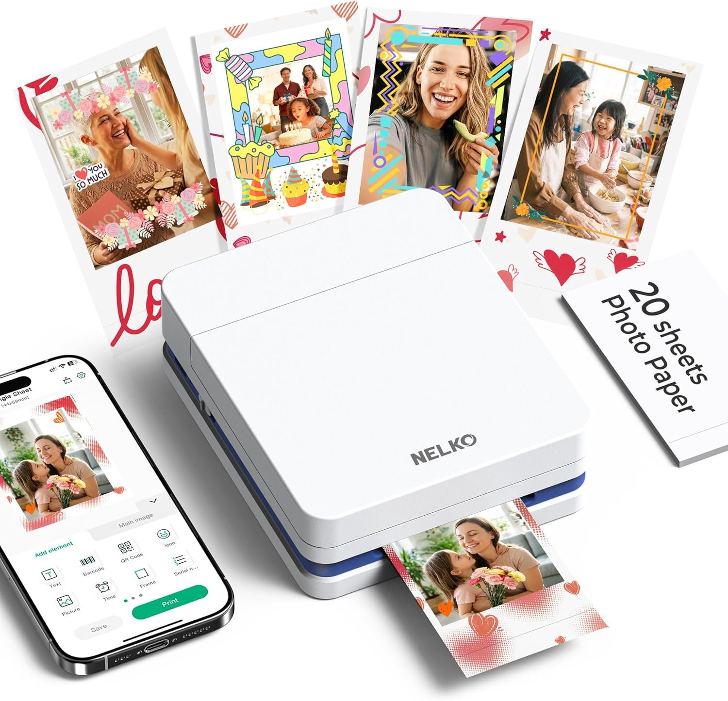 Nelko Photo Printer, PP01 Color Mini Portable Printer, Instant Smartphone Inkjet Printer, Sticky-Back Rechargeable Portable Picture Printer for iOS & Android, for Christmas Family, White