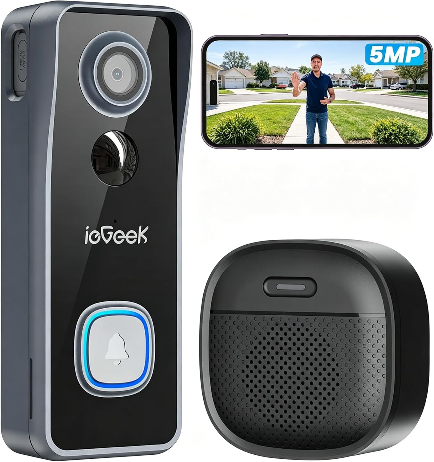 ieGeek Wireless Doorbell Camera No Subscription – 5MP Ultra Clear Motion Detection Alert Video Doorbell, Cloud/Local Storage, Battery Power Easy Connect & Install, Work with Alexa, Only 2.4Ghz WiFi