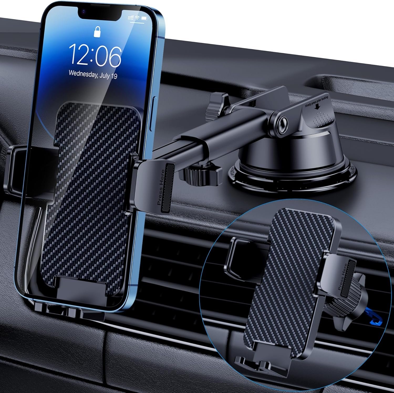 GUWEZ Phone Holders for Your Car [Military Grade Suction Ultra Strong Base] Cell Phone Car Holder 3 in 1 Dashboard/Windshield/Air Vent Hands-Free for iPhone Android