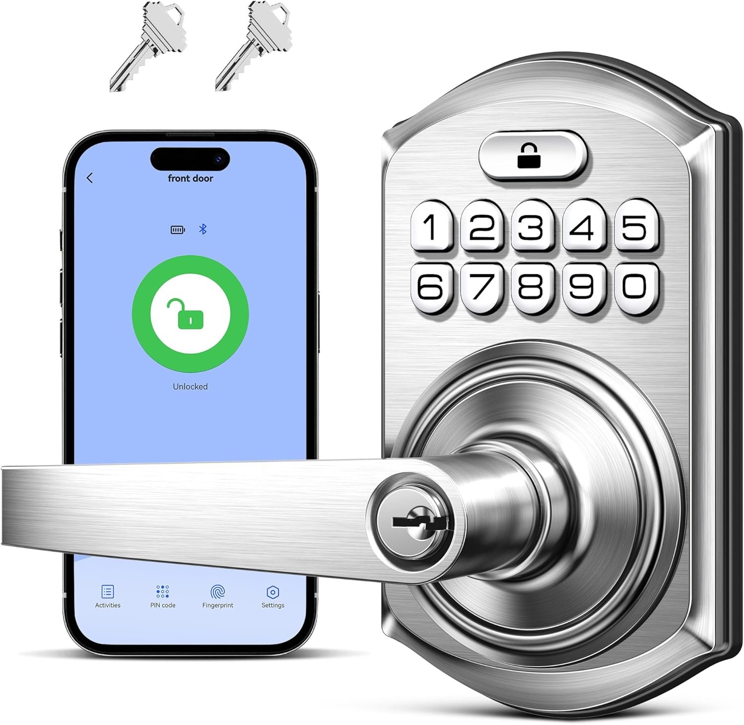 TEEHO TE019 Smart Keypad Door Lock with Handle, App Control, Keyless Entry Electronic Lock, Remote One-Time Codes, Auto Lock, Passage Mode, for Bedroom, Interior Door & Rental, Satin Nickel