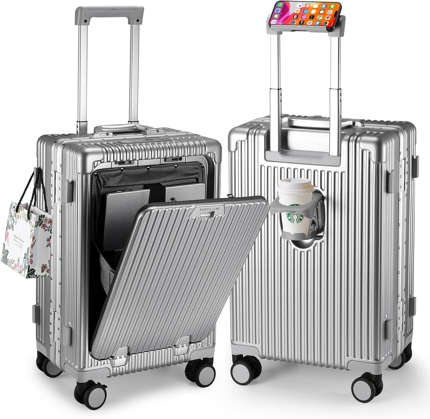 MRPLUM Front Pocket Carry On Luggage,Aluminum Frame PC Hardside Spinner Wheel Suitcase with TSA Lock,Cup Holder,Phone Holder&USB Charging Port,Silver(1 Piece)