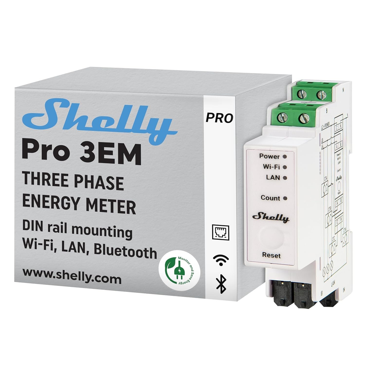 Shelly Pro 3EM (120A) | Wi-Fi & LAN, 3-Phase Smart Energy Meter | 2-Way Consumption | Home Automation | Bluetooth Gateway | Compatible with Alexa & Google Home | No Hub Required | Solar Panels
