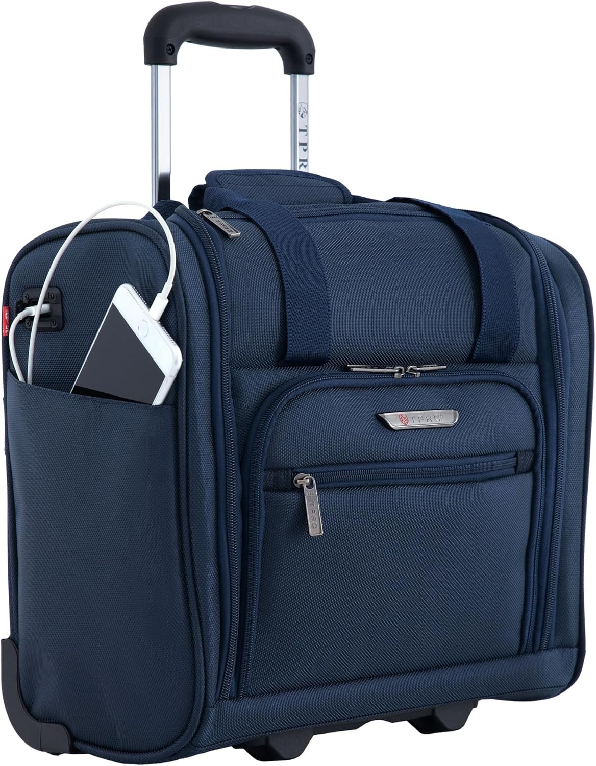 TPRC 15″ Smart Underseat Carry-On Luggage with USB Charging Port, Navy Blue