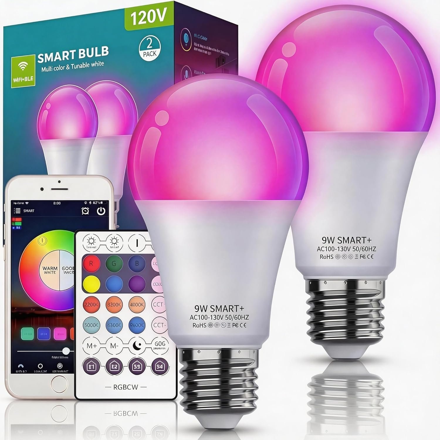 Smart Light Bulbs 2Pack, Color Changing Light Bulb Works w/Alexa Google Home, 9W A19 E26 800LM RGBTW Colored LED Bulbs, 50+ DIY Scenes, Music Sync, App & Voice Control WiFi Light Bulbs