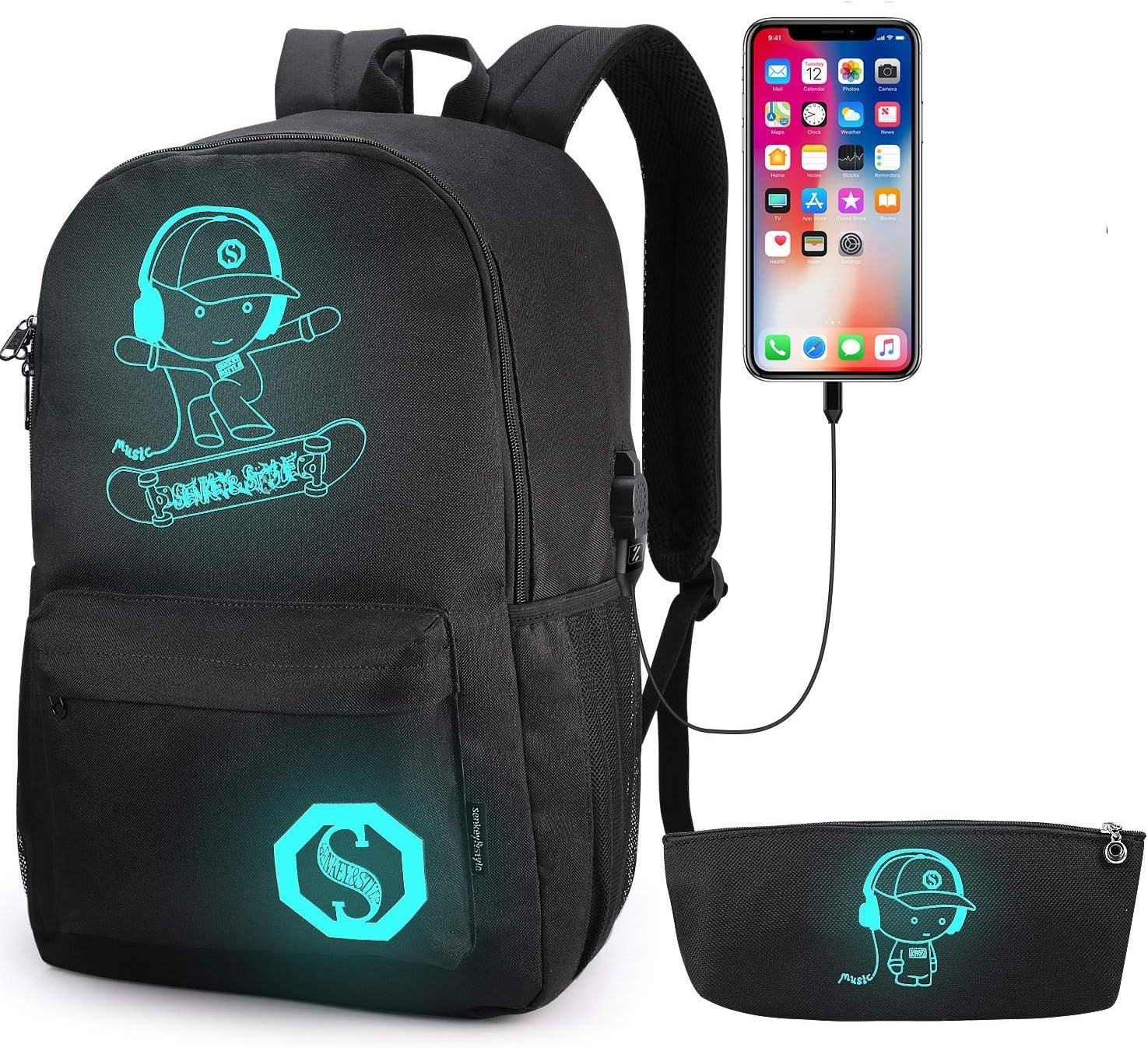School Backpack for Teen Boys Elementary Middle School Bag with USB Charging Port, Anti Theft Lock and Pencil Case, Waterproof Travel Back Pack Lightweight Laptop Bag, Black