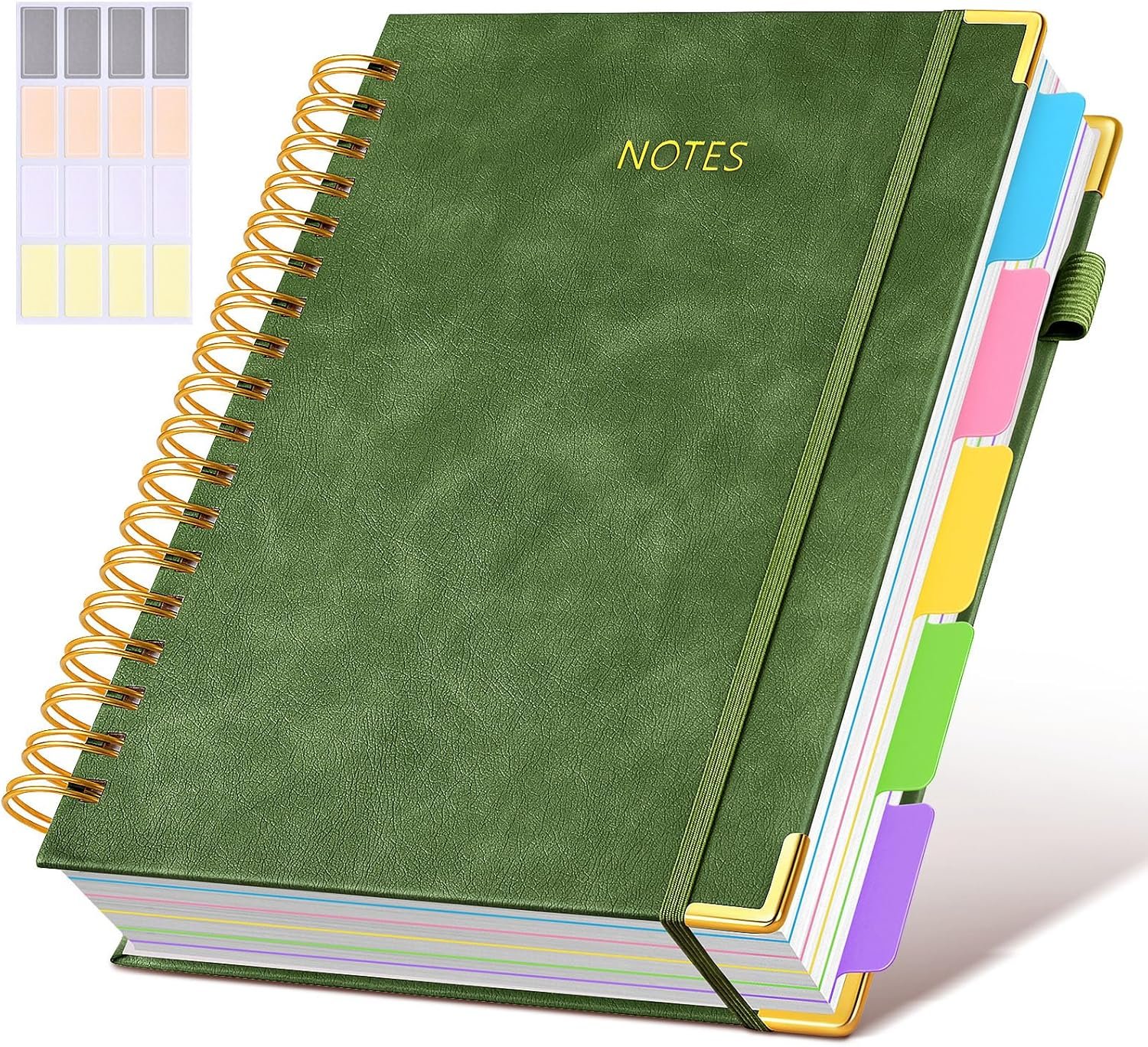Hardcover Spiral Notebook journal with Removable Dividers Tabs, 300 Pages Leather 5 Subject Notebook College Ruled, 8″x10″ Large B5 Notebooks for Work School Note taking, Lined Journal for Women,Green