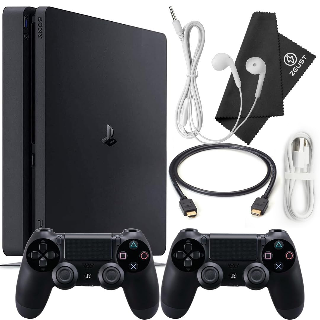 PlayStation 4 Slim 1TB Console Bundle – Includes the PS4 Console Slim 1TB, 2 Dualshock PS4 Wireless Controllers, MicroUSB Charging Cable, HDMI cable, Wired Earbuds and Microfiber Cloth (Renewed)