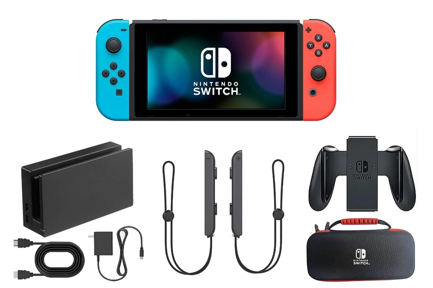 Nintendo Switch Console Bundle – Neon Blue & Red Joy-Cons, Dock, Controller Grip, Carrying Case, Cables & Accessories (Renewed)