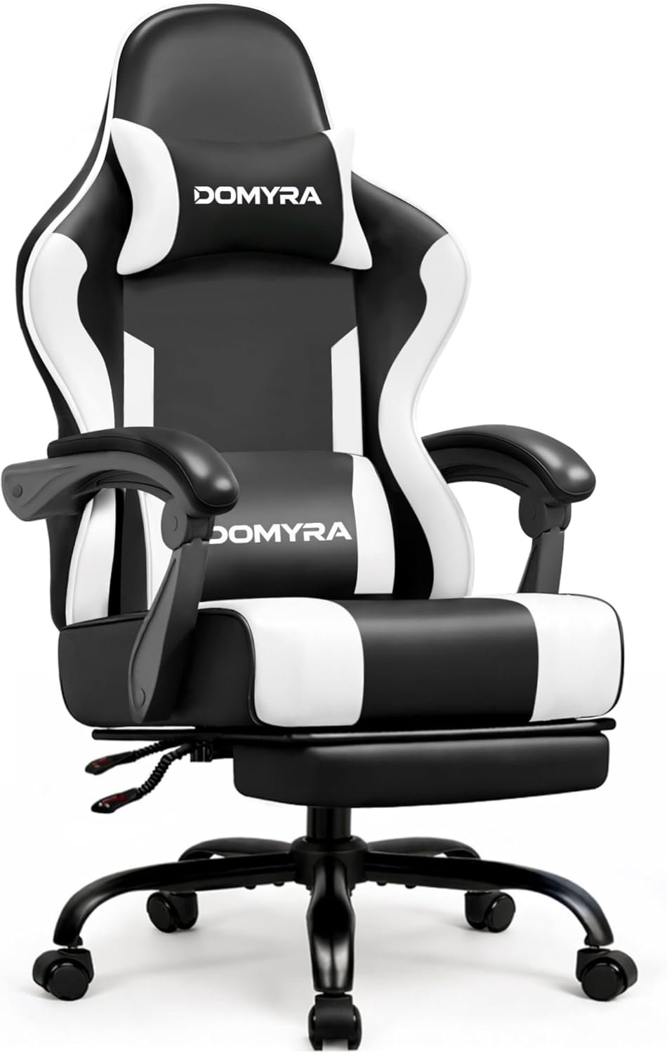 Gaming Chair Gamer Game – Ergonomic Gaming Chair with Footstool, Headrest, Lumbar Support, Height and Backrest Adjustable, Black Leather, 200 KG Heavy Duty Load Capacity