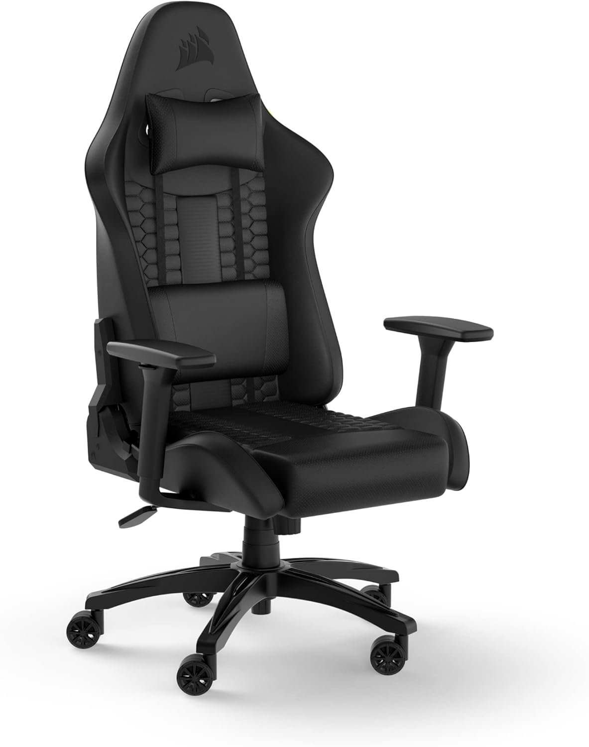 Corsair TC100 Relaxed Gaming Chair – Leatherette – Racing-Inspired Design – Lumbar Pillow – Detachable Memory Foam Neck Pillow – Adjustable Seat Height – Adjustable Armrests – Black