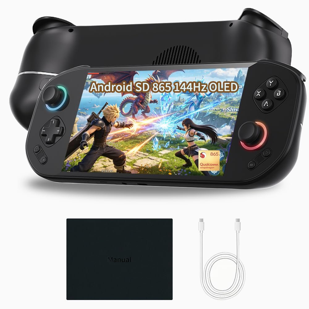 MANGMI Pocket Max Android Handheld Gaming Console, Snapdragon 865, 8+128GB, 7″ 144Hz AMOLED, RGB Hall Sticks, 8000mAh Large Battery, WiFi 6, USB 3.1, Cloud/PC Gaming, Retro Handheld, Android 13（Black）