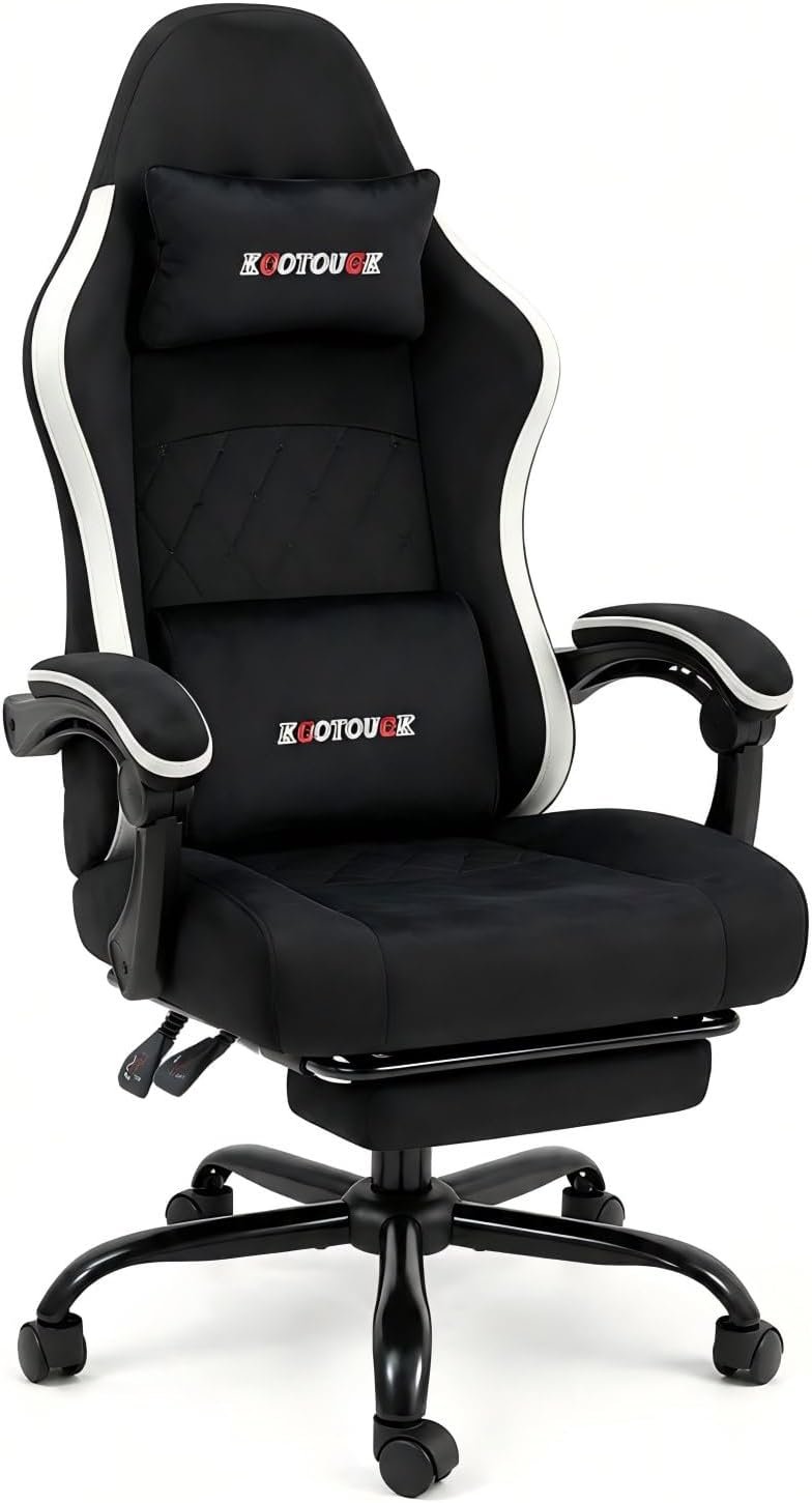 Fabric Gaming Chair, Video Game Chair with Footrest and Lumbar Support, Adjustable Height Home Desk Office Chair, Ergonomic Comfort Gamer Chair with High Back, Black