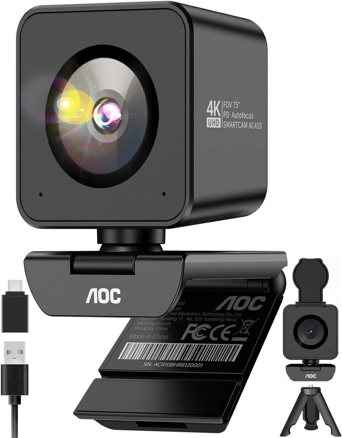 AOC 4K Webcam for PC with 1/2.55” Sensor, 1080P 60FPS Streaming Camera with PDAF Autofocus, Privacy Cover, Plug & Play computer camera 75° FOV for Zoom/Mac/Switch 2, Includes Tripod & USB A-C Adapter