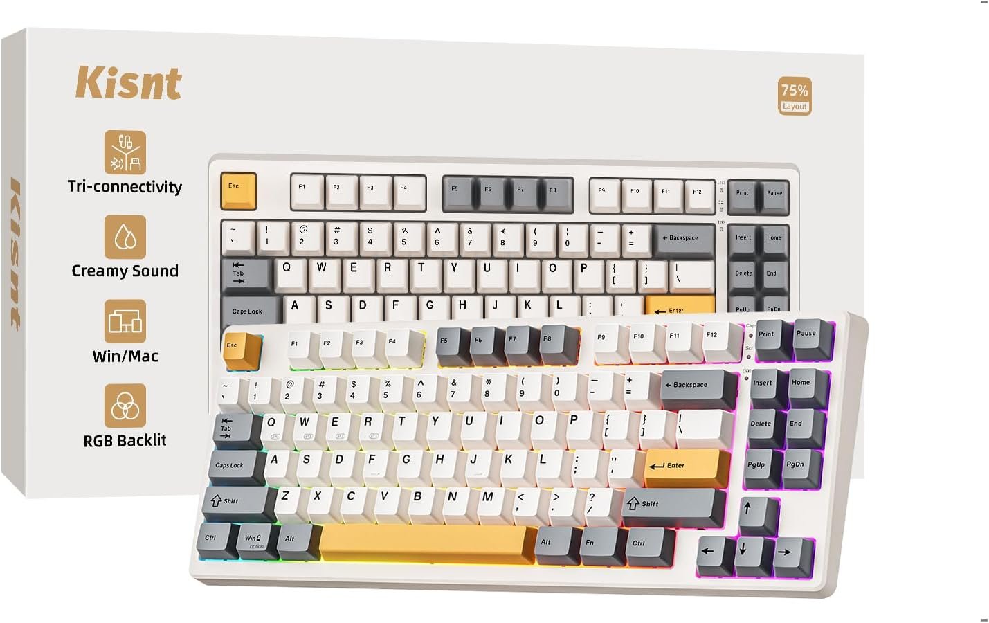 Kisnt KN85 Wireless Mechanical Keyboard, 75% Layout, Bluetooth/2.4GHz/USB-C, Custom RGB Backlit, Hot-Swappable Linear Switch, Creamy Sound for Gaming/Typing (Retro Beige)