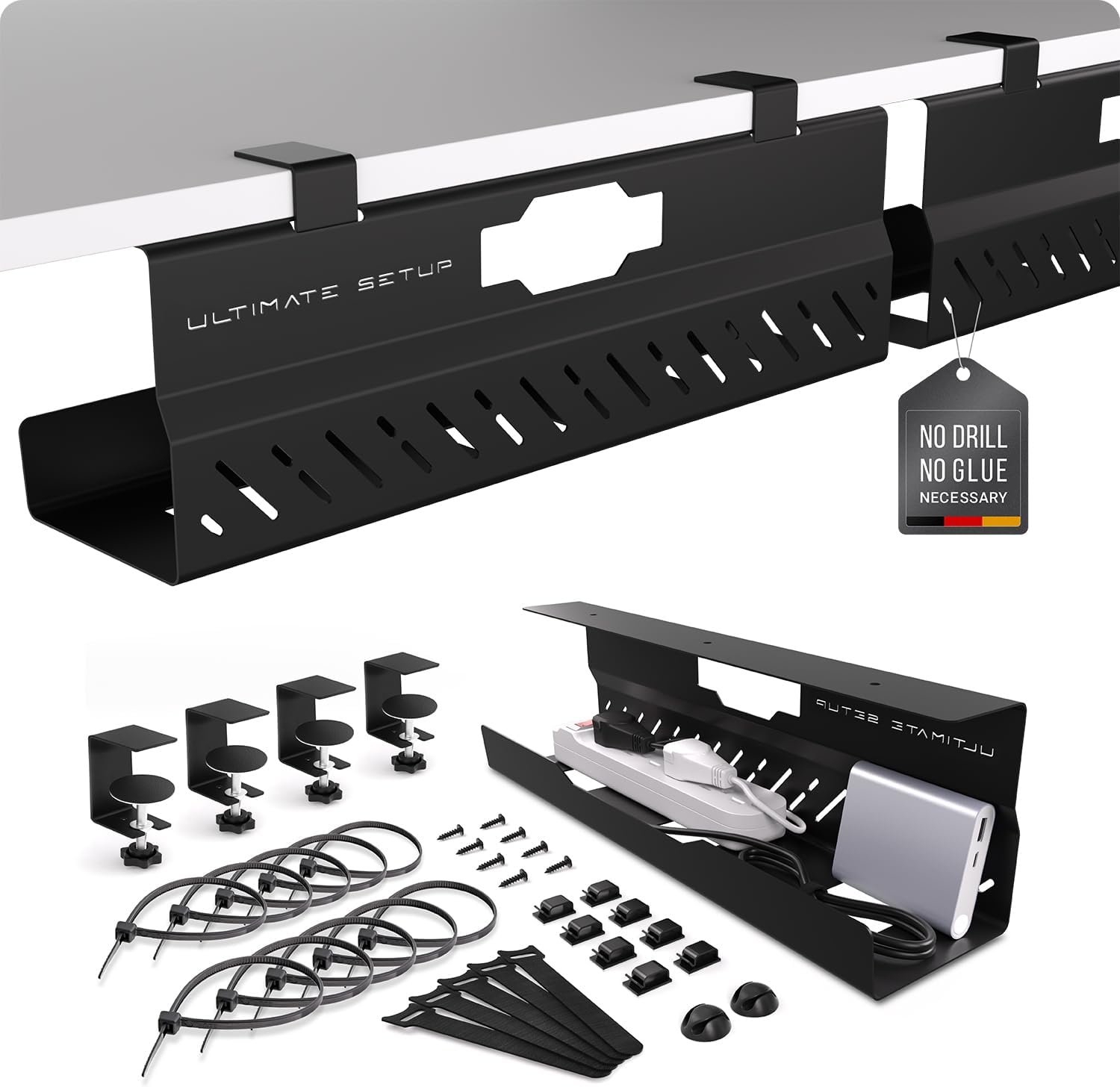 Under Desk Cable Management Tray no Drill – Wire Management – Cord Organizer – Huge Load Capacity – Under Desk Cable Tray no Drill (Black, 2 Pieces Set)