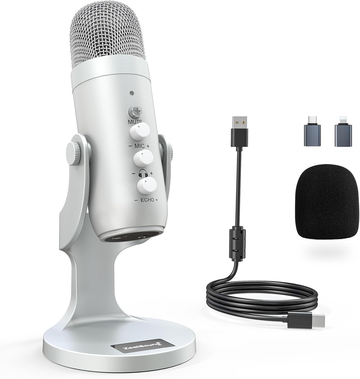 ZealSound Podcast Microphone for PC, Noise Cancellation USB Mic with Gain, Volume Adjustment & Mute Button, Monitoring & Echo, for YouTube, TikTok, Podcasting, Streaming, iPhone, iPad, Android(Silver)