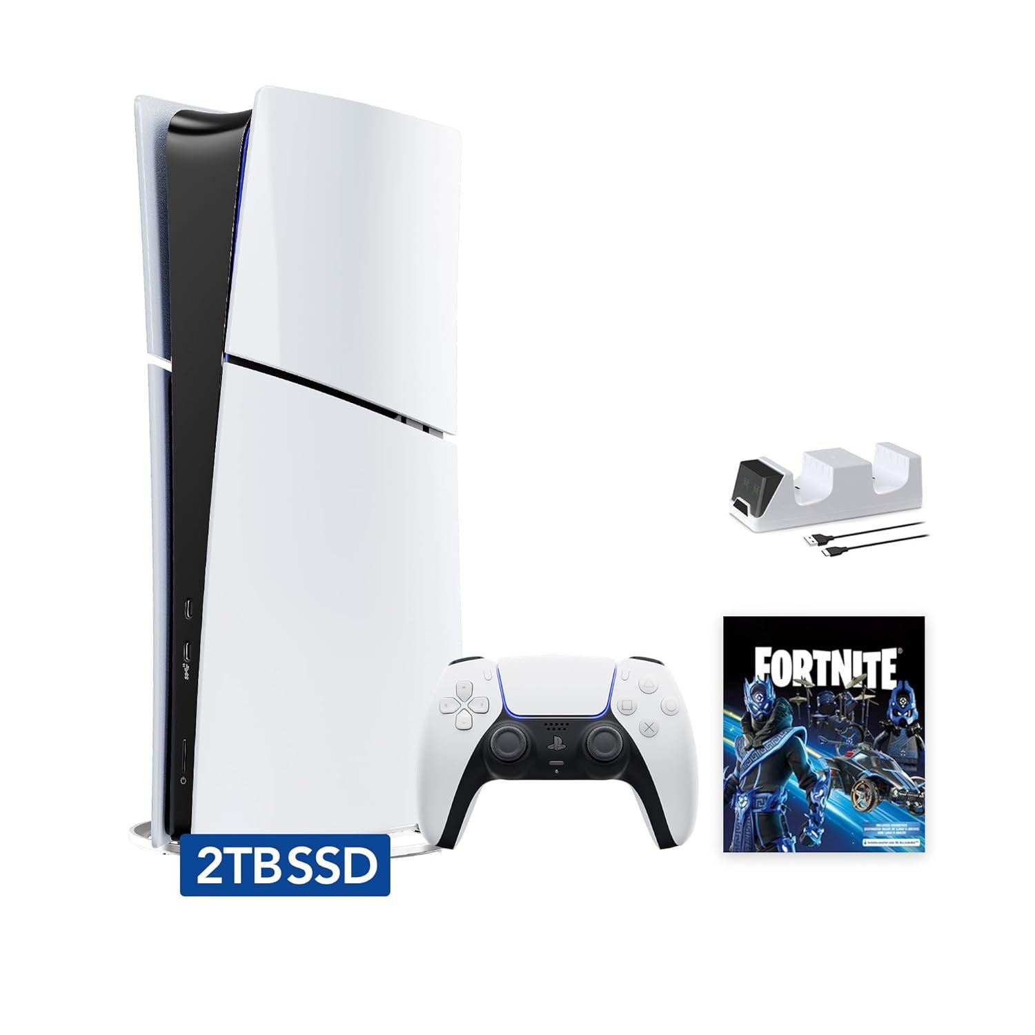 Sony PlayStation 5 Slim Upgraded 2TB Digital Edition Fortnite Cobalt Star Bundle and Controller Charger – White, 2TB PCIe SSD Upgraded Slim PS5 Digital Gaming Console