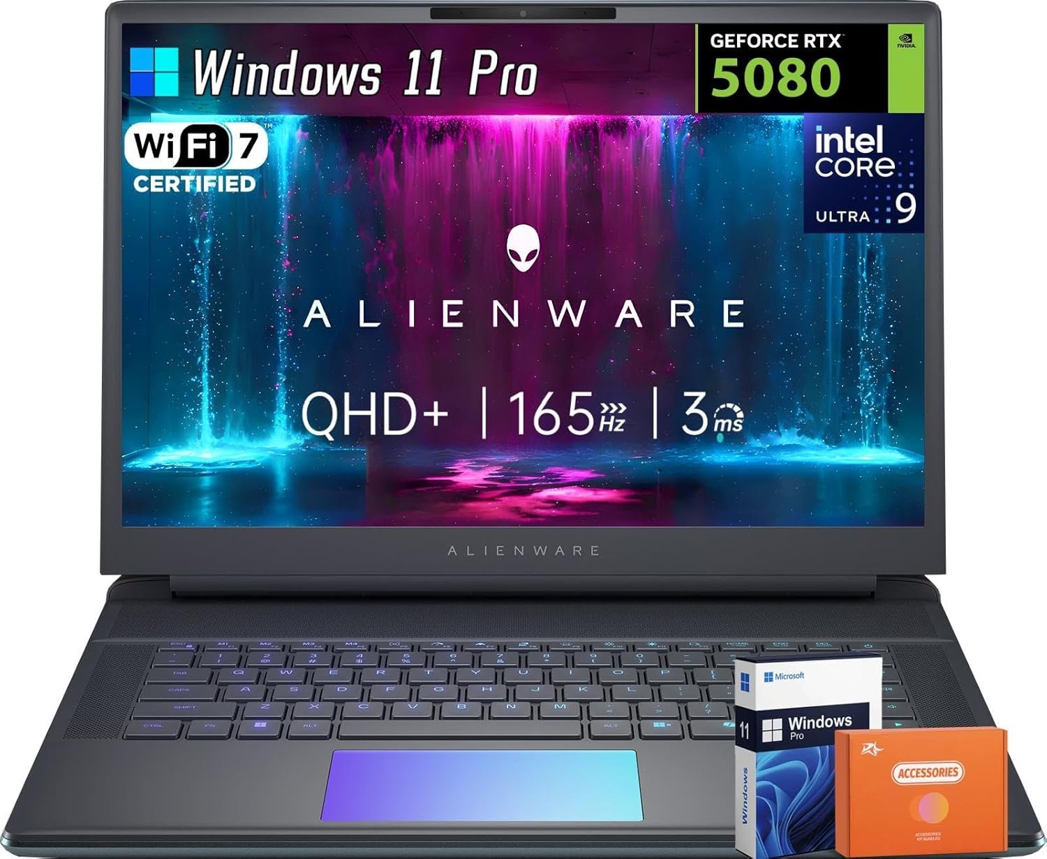 Alienware 16 Area-51 Gaming Laptop, 16″ QHD+ 300Hz Display, Intel Ultra 9 275HX, NVIDIA RTX 5080 16GB GDDR7, 32 GB DDR5, 2 TB SSD, Wi-Fi 7, Backlit KB, Bluetooth 5.4, Windows 11 Pro, Accessory Kit