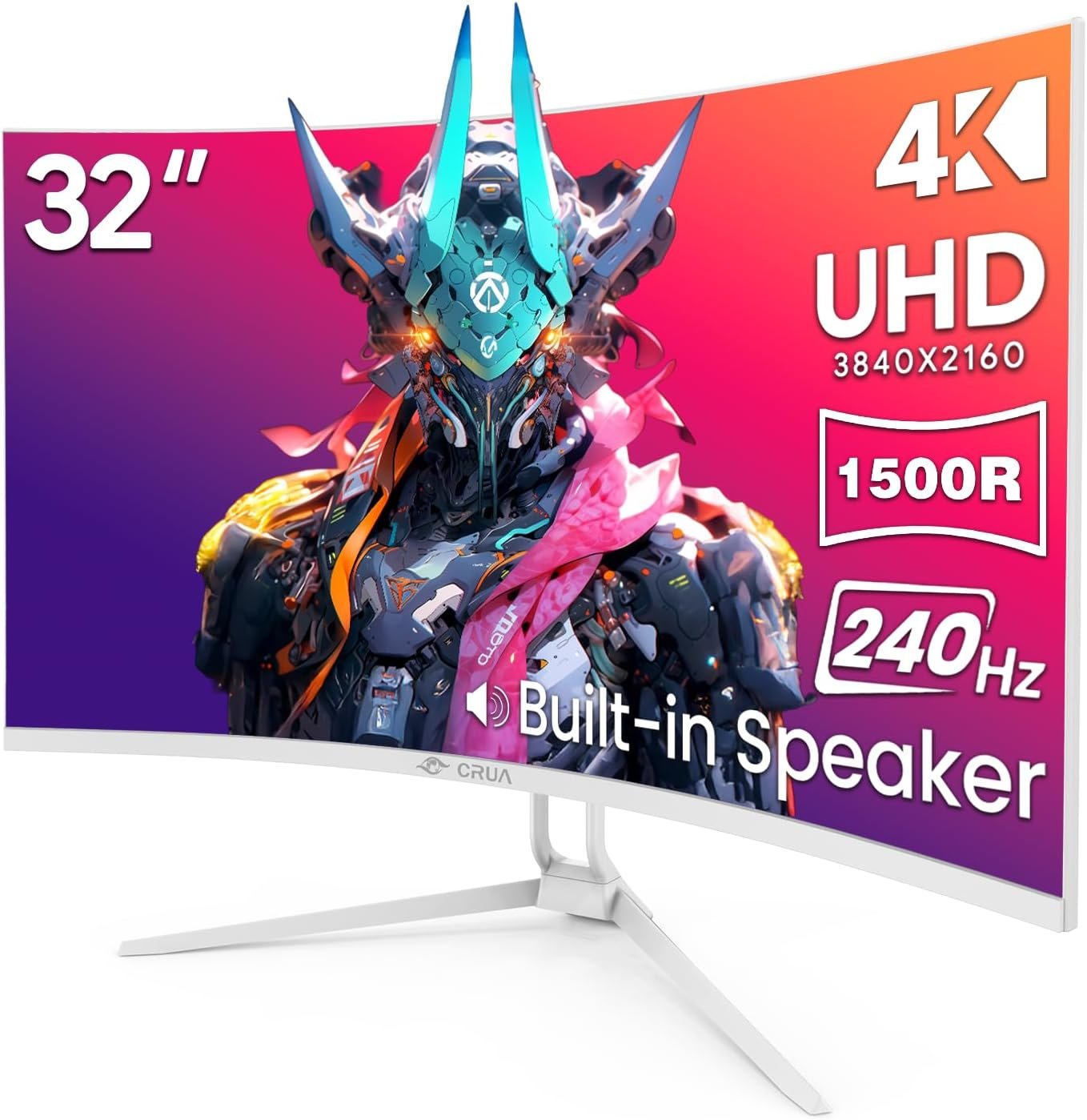 CRUA 32″ Curved Gaming Monitor, 4K UHD 3840×2160, 240Hz VA Display, 1500R, AMD FreeSync, 120% sRGB, Built-in Speakers, HDMI 2.1 & DP 1.4, Wall Mountable White PC Monitor for Gaming, Streaming & Work