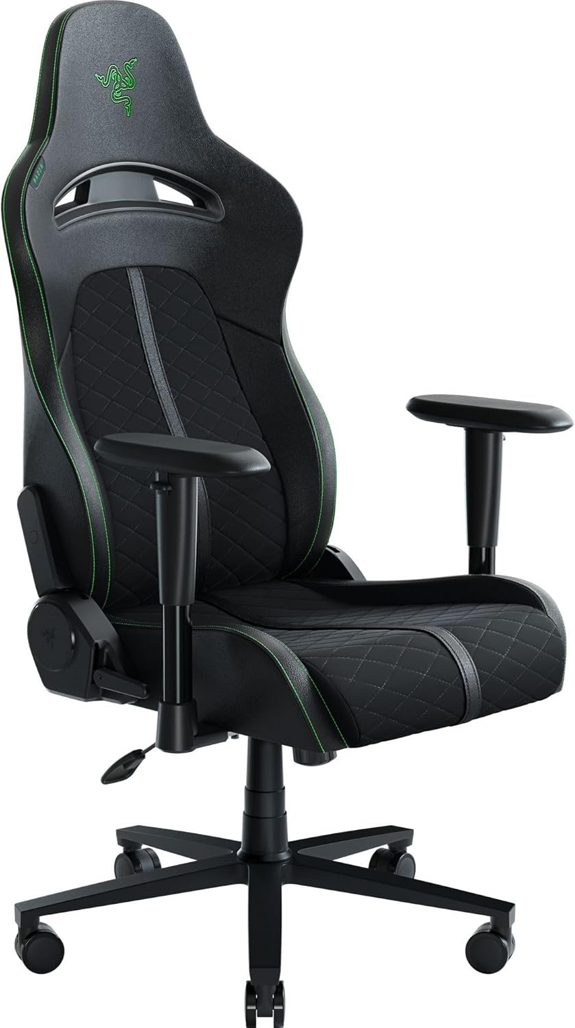 Razer Enki X Essential Gaming Chair: All-Day Comfort – Built-in Lumbar Arch – Optimized Cushion Density – Dual-Textured, Eco-Friendly Synthetic Leather – Adjustable 152-degree Recline – Black