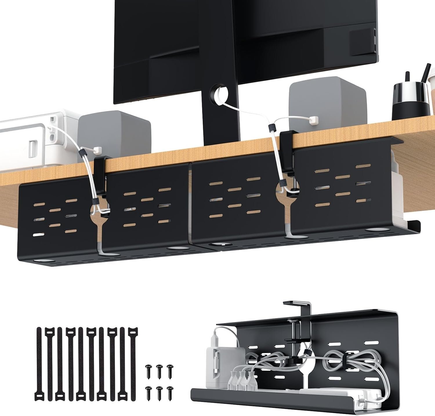KEEGH 16″ Under Desk Cable Management Tray, No Drill Clamp Mount, Desk Cord Organizer Upgrade Capacity, Cord Management Tray for Home Office, Gaming Desk, Standing Desk, Black, 2 Pack