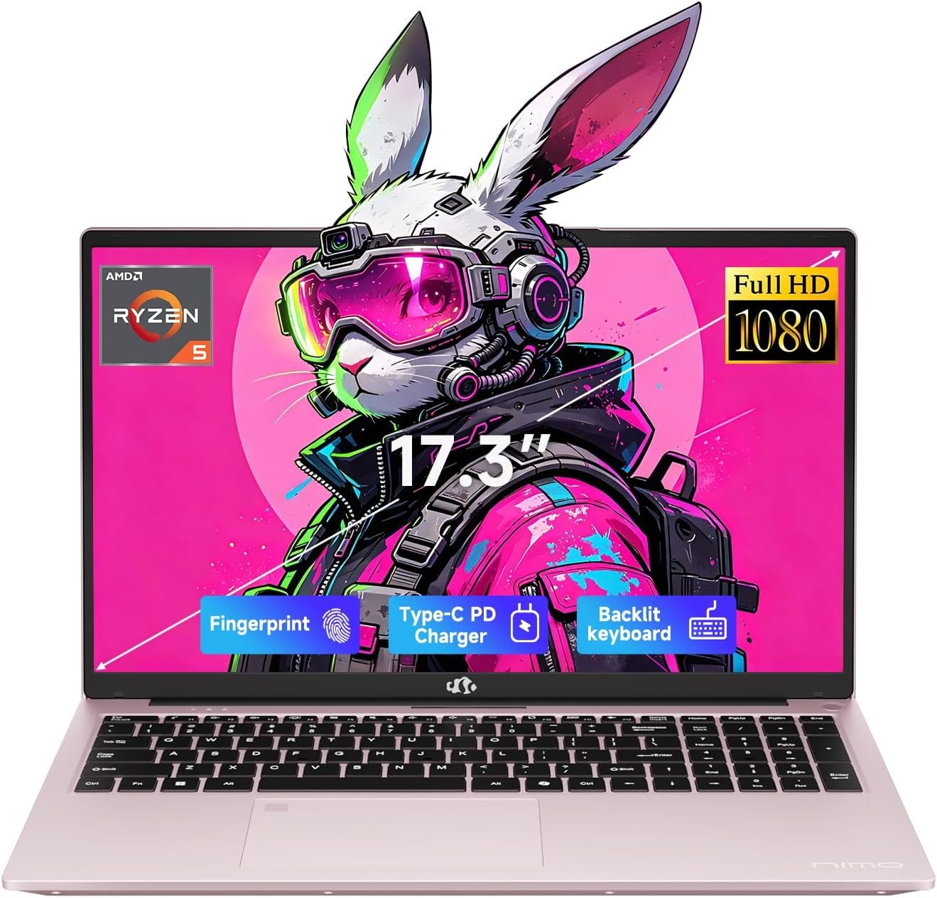 NIMO 17.3″ FHD Gaming Laptop, AMD Ryzen 5 6600H 16GB DDR5 RAM 512GB SSD (Beat i7-1165G7, 6-Core up to 4.5GHz) Radeon 660M Graphics Computer with 100W Fast PD Backlit Keyboard for Business & Student