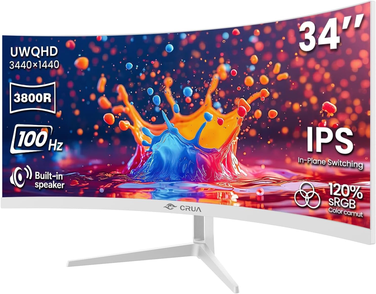 CRUA 34 Inch Ultrawide Curved Monitor, 21:9 UWQHD 3440×1440 100Hz 3800R IPS White Computer Monitors, FreeSync, Built-in Speakers, 120% sRGB, Blue Light Filter, HDMI 2.0 & DP 1.4, Wall Mountable