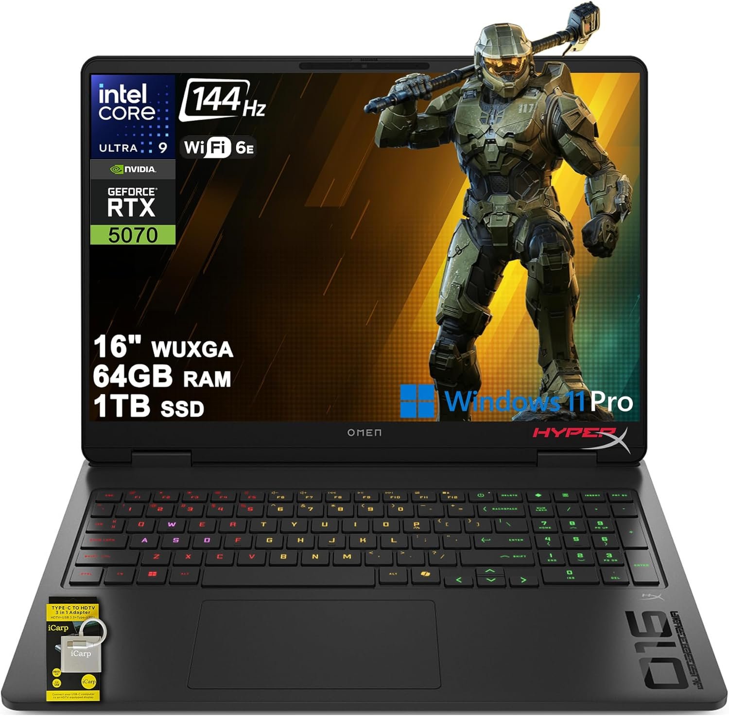 HP Omen 16 Slim Gaming AI Laptop 16″ WUXGA IPS 144Hz Intel 16-core Ultra 9 285H 64GB RAM 1TB SSD GeForce RTX 5070 GDDR7 (Up to 988 Tops) 4-Zone RGB Backlit Wi-Fi6E HyperX Win11Pro ICP Hub