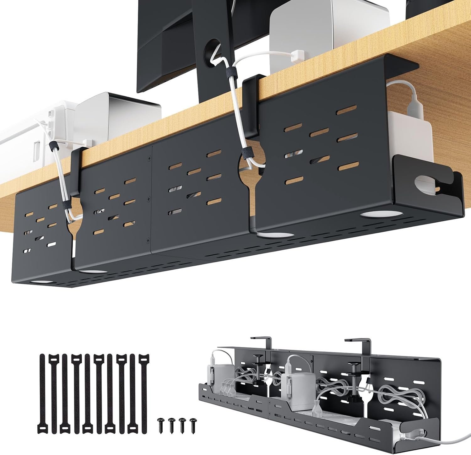 Univivi Under Desk Cable Management Tray – 32″ Steel Cord Organizer, No-Drill C-Clamp & Screw Mount for Office/Home, Effortless Wire Management (Black)