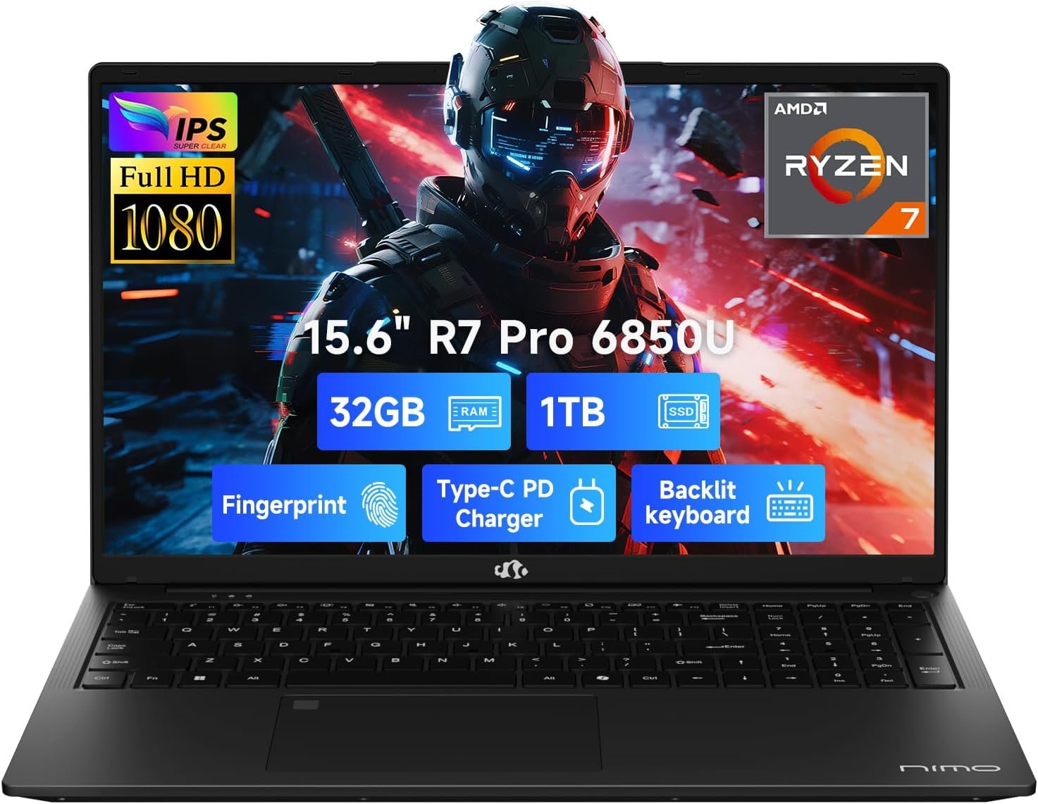 NIMO 15.6″ Light-Gaming-Laptop, 8 Cores AMD Ryzen 7 Pro 6850U 32GB RAM 1TB SSD (Beat i7-1360P Up to 4.7GHz) Radeon 680M 100W Fast PD FHD Backlit Keyboard for Content Creators & Student 2-Yr Warranty