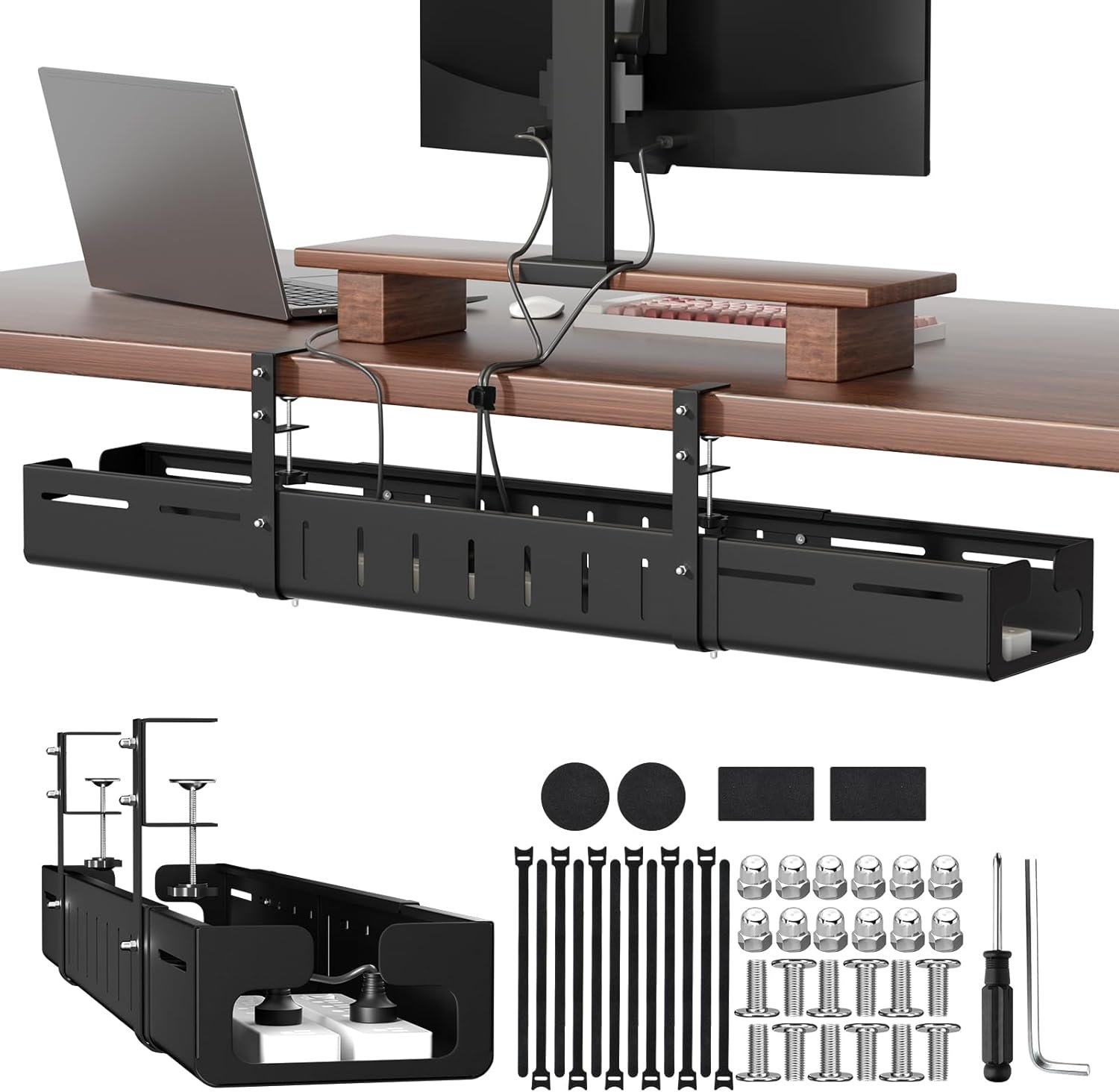 Under Desk Cable Management Tray, Expandable 25.2″–38.6″ Heavy Duty Carbon Steel with Clamp, Hidden Cord Organizer for Desk, Home Office & Standing Desk, No Drill Installation, Black