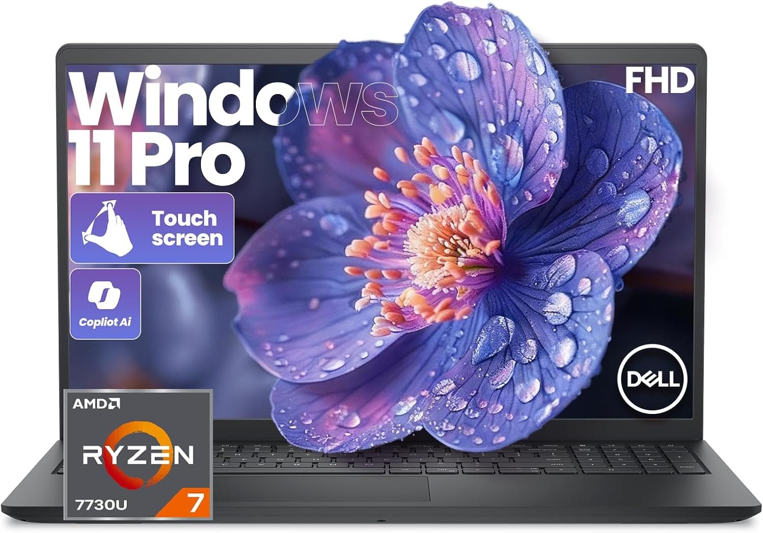 Dell 15 Touchscreen Laptop, AMD Ryzen 7 7730U (Beats i7-1355U), 16GB RAM, 512GB NVMe SSD, Windows 11 Pro, 15.6″ FHD IPS, Copilot AI, Type-C, HDMI, Black, 2026 Model
