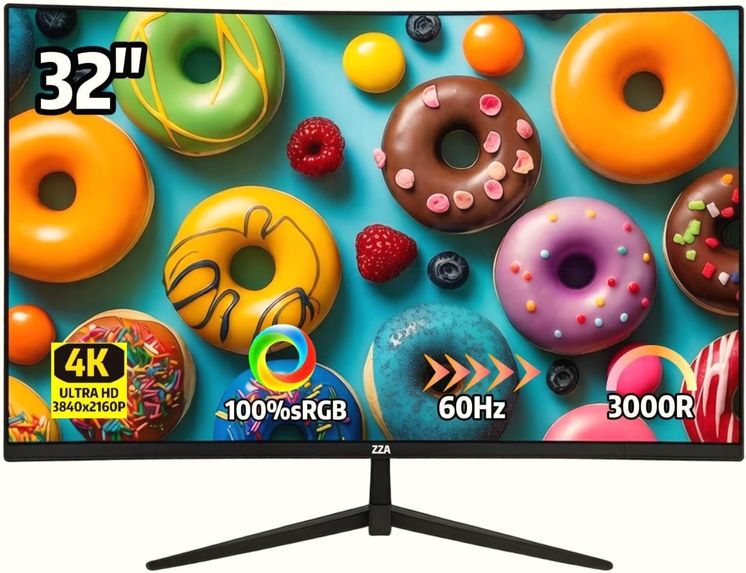 ZZA 32 Inch 4K UHD Curved Monitor (3840×2160), VA,60Hz Refresh Rate, 100% sRGB, Adaptive Sync, 178° Viewing Angle, HDMI/DisplayPort, VESA 100x100mm Mount Compatible, Tilt Adjustable – Black