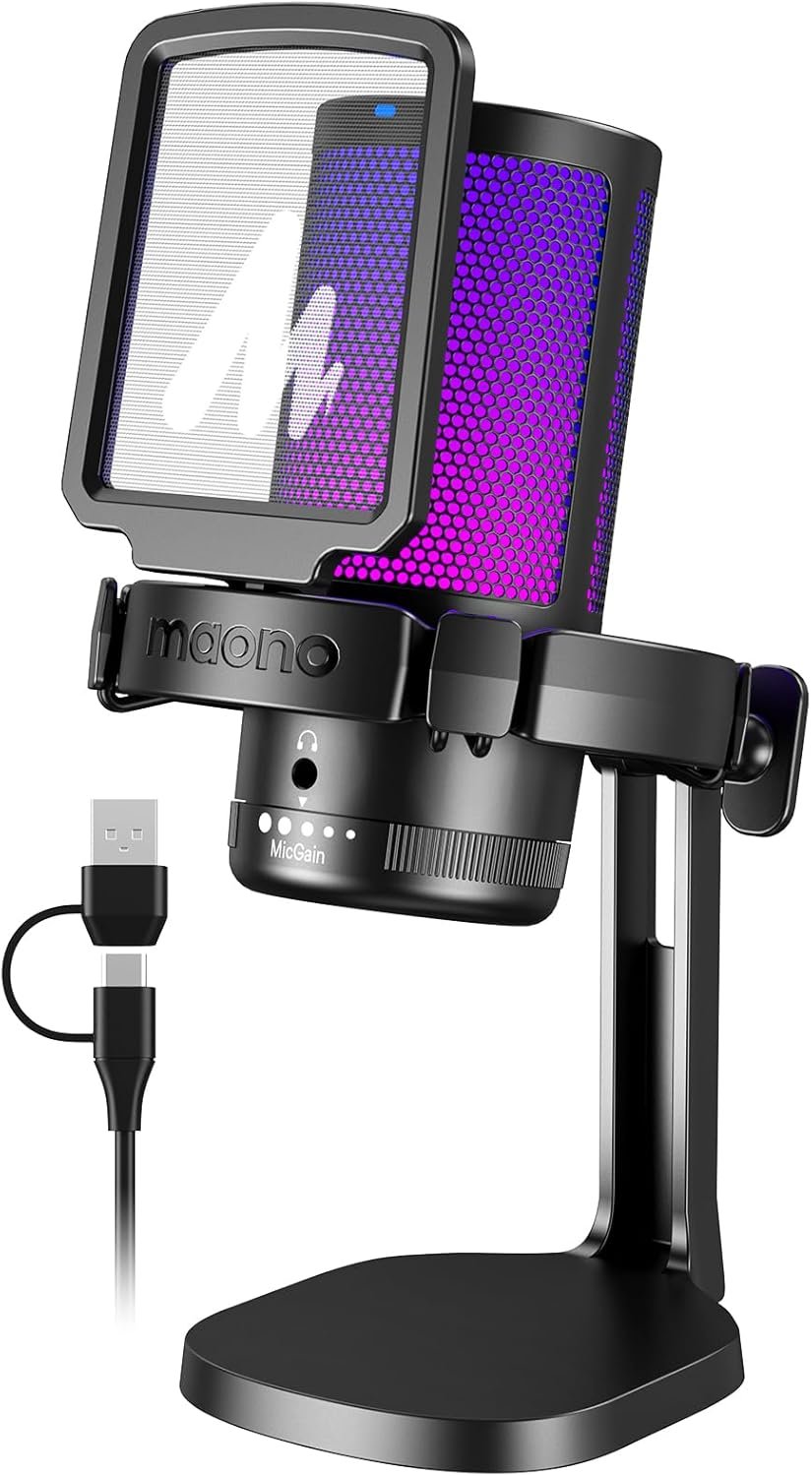 MAONO USB Gaming Microphone for PC, Noise Cancellation Condenser Mic with RGB, Mute, Gain, Computer Desk Mic for Streaming, Podcast, Chat, Twitch, YouTube, Discord, PS5, PS4, GamerWave DGM20 Black