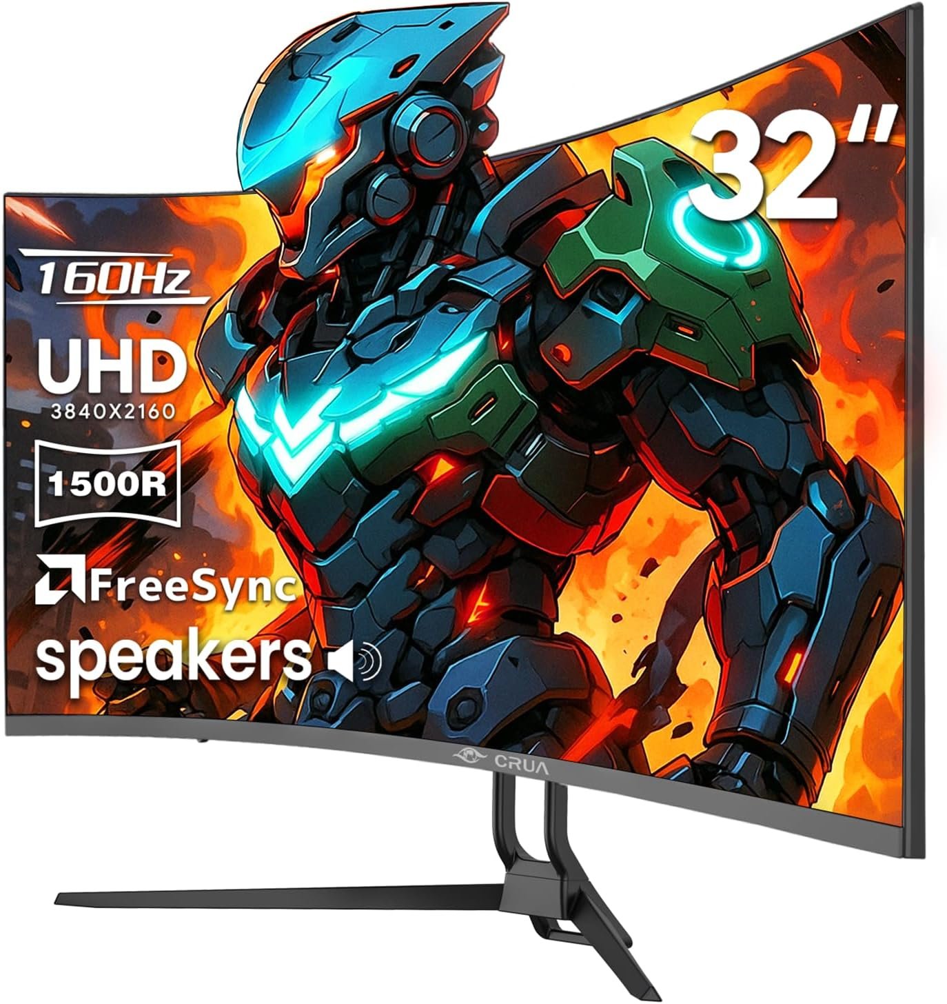 CRUA 32″ Curved Gaming Monitor, 4k UHD(3840 * 2160P) VA Screen, 1500R, 144Hz/160Hz Computer Moniter, Supports AMD Freesync, 120% sRGB, Built-in Speakers, Wall Mountable Installs(HDMI 2.1/DP 1.4)-Black