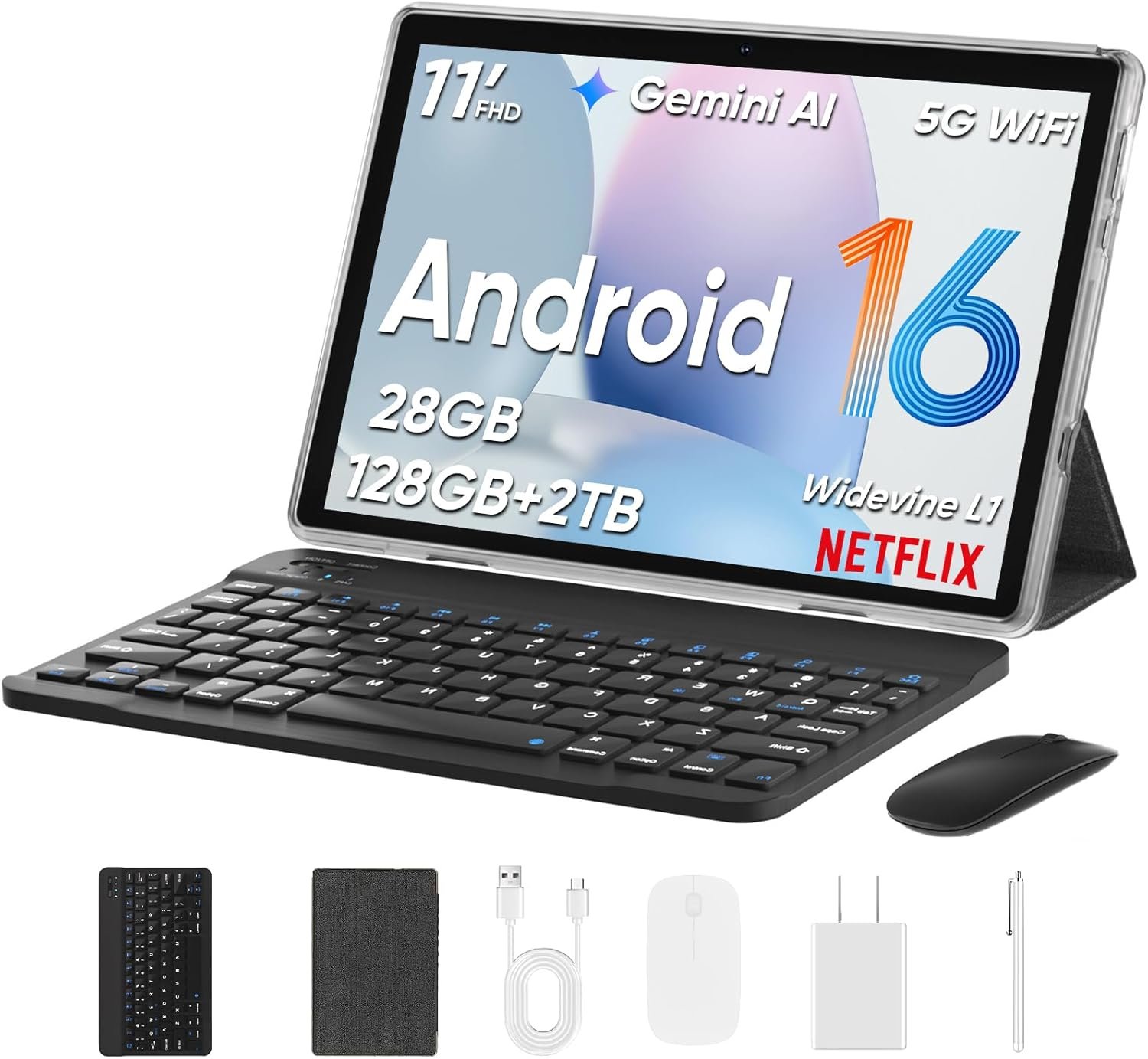 TUOHAITIME 2026 Upgraded Android 16 Tablet, 11 inch Android Tablets,28GB+128GB+1TB Expand, Support Face Unlock+18W Fast Charging, Octa-Core CPU,Dual WiFi6, Dual Cameras,8000mAh Battery, C5 SBJP Black