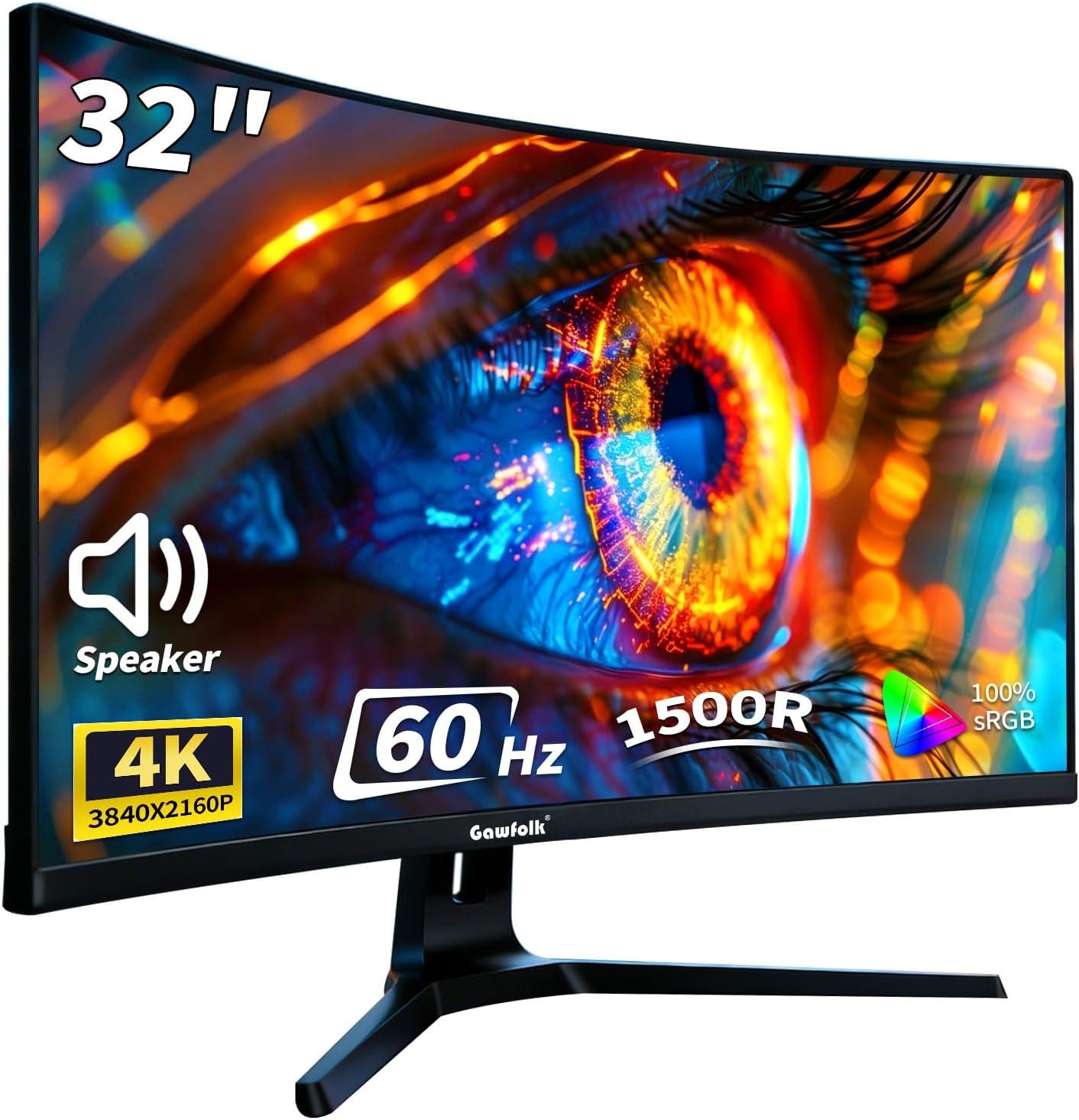 Gawfolk 32 Inch 4K Curved Monitor 60Hz, UHD 3840×2160 PC Monitor with Built-in Speakers, 1500R Computer Screen, FreeSync, Flicker-Free, HDMI/DP, Wall Mountable for Home Office, Gaming, Entertainment