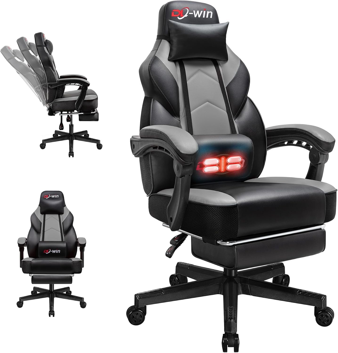 DL-win Gaming Chairs for Adults, Computer Chair with Footrest and High Back, Big and Tall Gamer Chair’s with Massage Lumbar Support, 360° Swivel Height Adjustable Gaming Chair, Grey