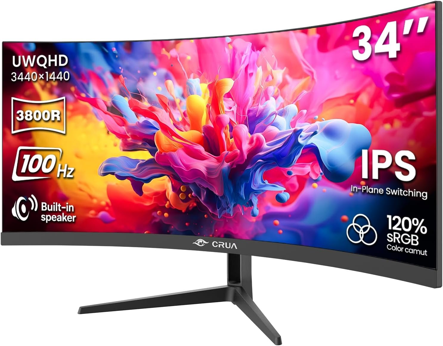 CRUA 34″ Ultrawide Curved Monitor, 21:9 UWQHD 3440×1440 100Hz 3800R IPS Computer Monitors with Built-in Speakers, FreeSync, 120% sRGB, 92% DCI-P3, Blue Light Filter, HDMI 2.0 & DP 1.4, Wall Mountable