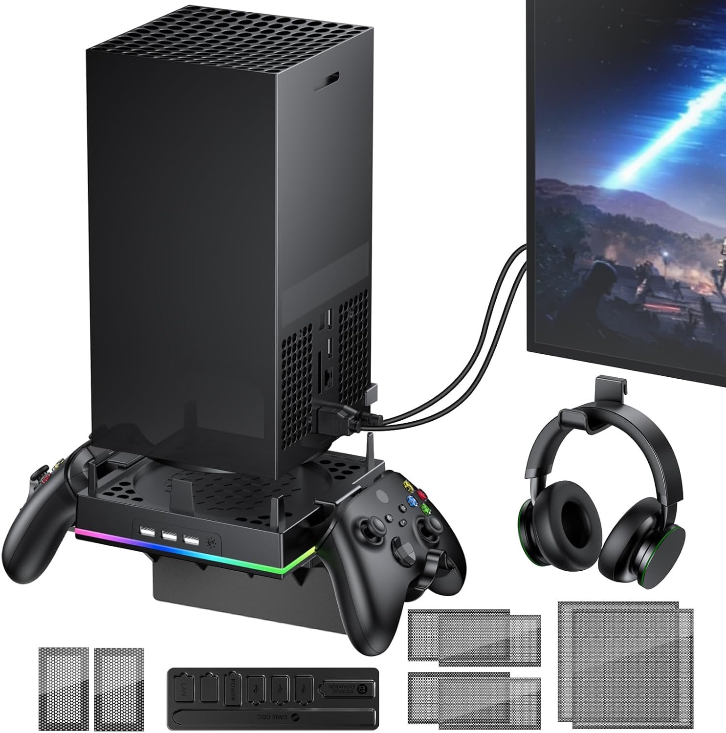 Wall Mount for Xbox Series X – Sturdy Shelf Load Up 10Kg, Integrated Ventilation, RGB, 3 USB Port, Prevent Falling, 2 Holder, Headphone Stand & Dust Cover Kit – Wall Mount Kit for Xbox Series X