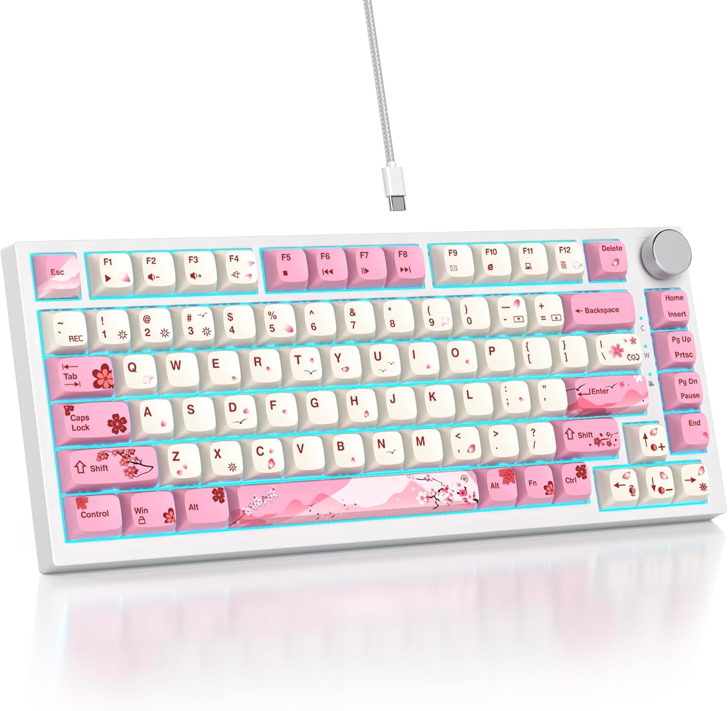 75% TKL Wired Mechanical Keyboard,RGB Backlit Gasket Mount 82 Key Hot Swappable Custom Linear Red Switch Gaming Keyboard with Volume Knob & PBT Keycaps (Pink)