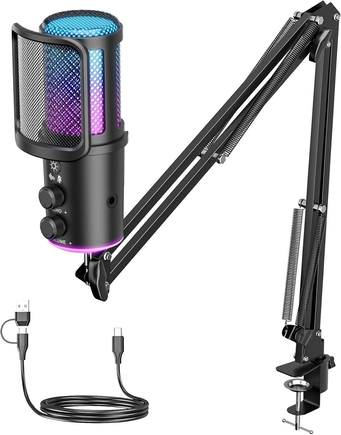 Gaming USB Microphone, Noise Cancellation Condenser Mic with Mute,Boom Arm Mic-Reverb Adjustment, Monitoring for Streaming, Podcasting, Discord, YouTube,PC, Computer, PS4, PS5, Mac